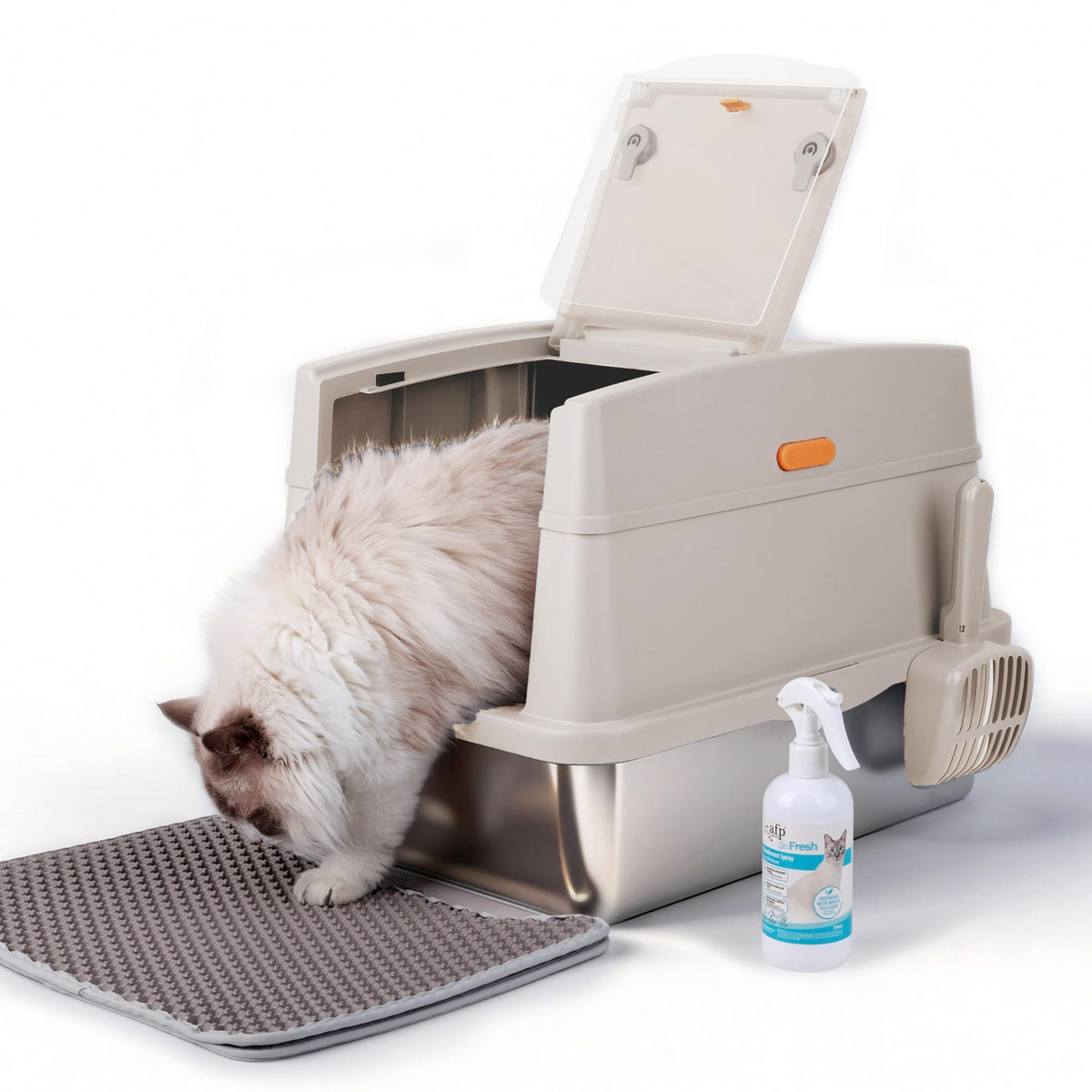 Large Stainless Steel Enclosed Cat Litter Box with Lid and Scoop J9452