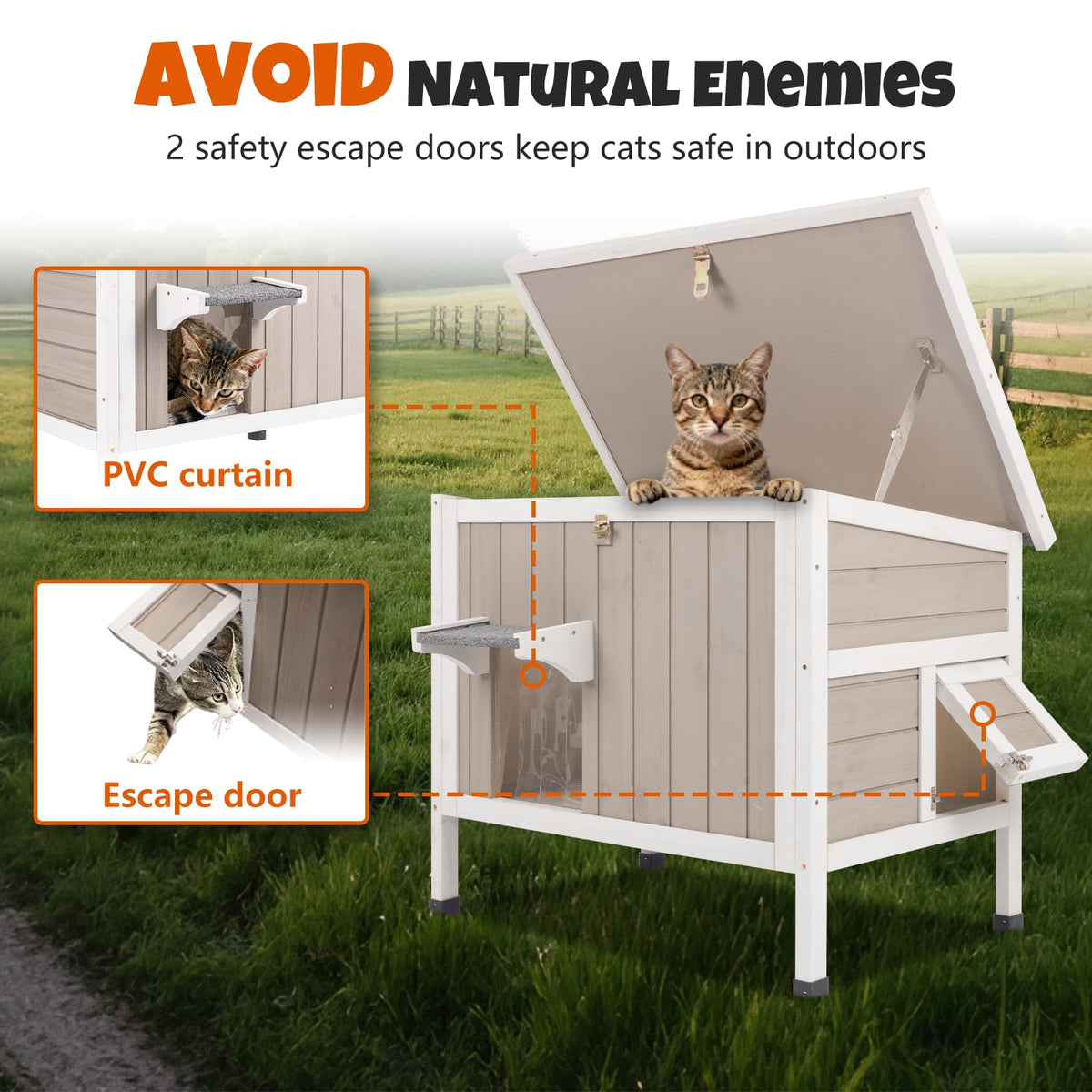 Weatherproof Wooden Outdoor Cat House with Escape Doors J2450