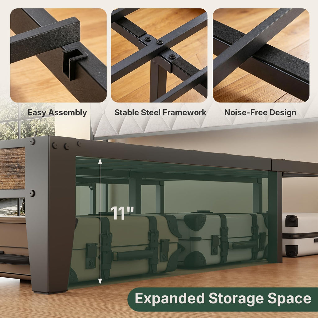 Twin Bed Frame with Upholstered Storage Headboard and USB Charging Station H582