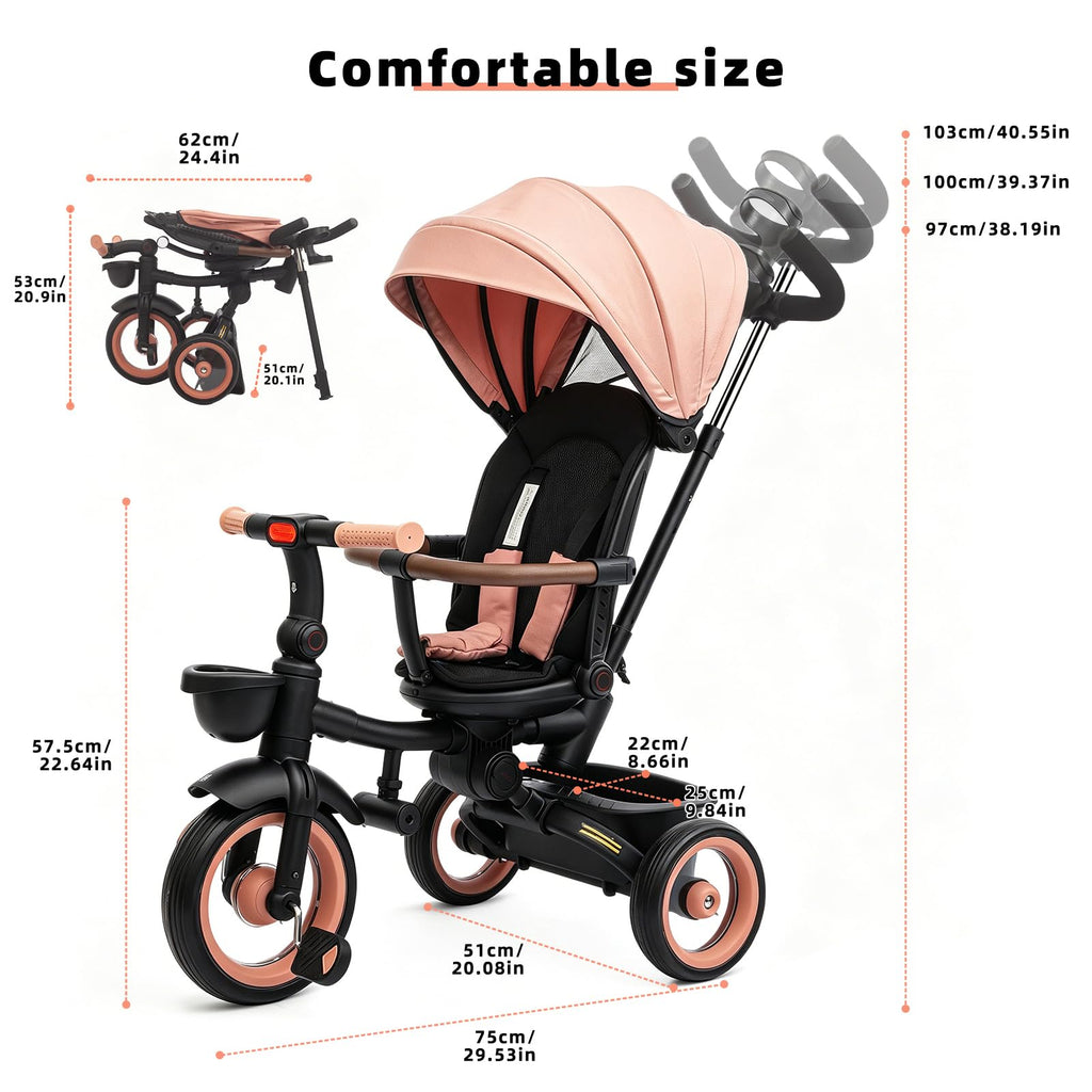 7-in-1 Tricycle Stroller with Push Handle, Rotating Seat, UV-Proof Canopy, Non-Pneumatic Wheels, Dual Brakes and Storage P2554