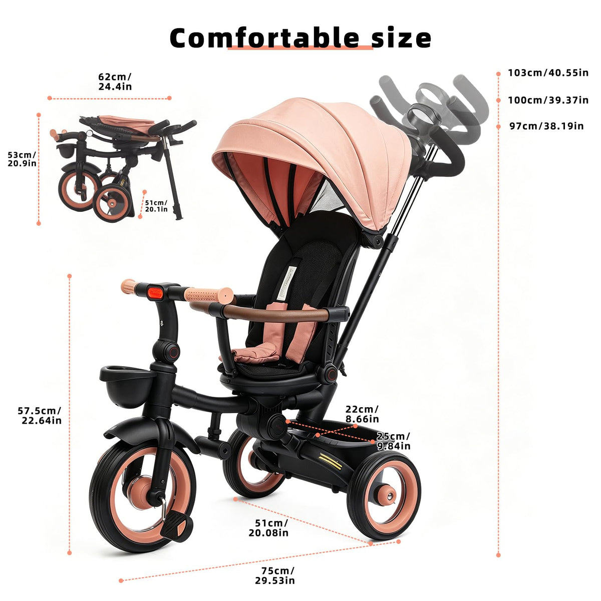 7-in-1 Tricycle Stroller with Push Handle, Rotating Seat, UV-Proof Canopy, Non-Pneumatic Wheels, Dual Brakes and Storage P2554