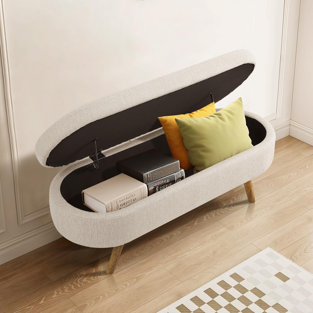 Beige Linen Upholstered Storage Ottoman Bench O582