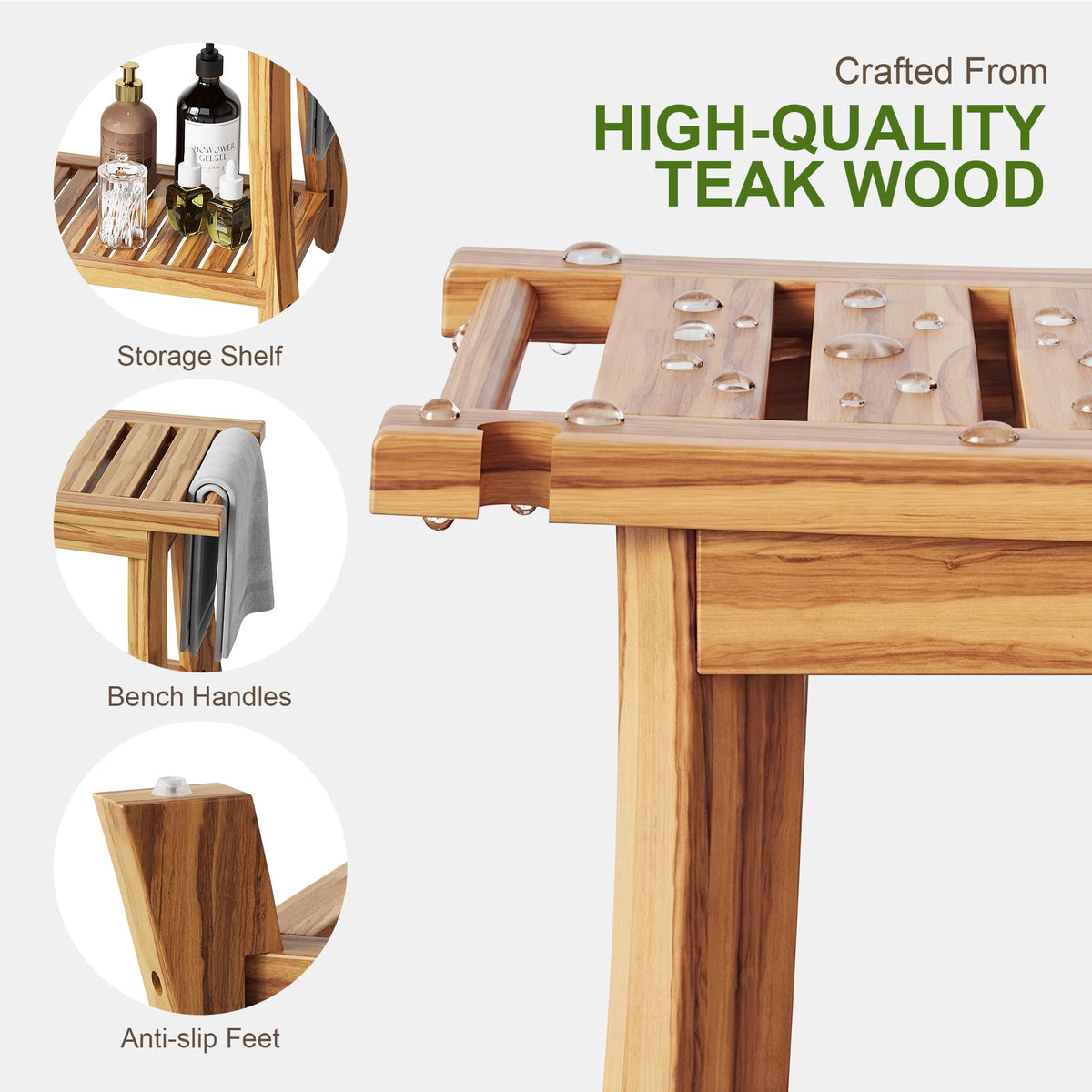 24" Teak Shower Bench with Handles & Towel Shelf T93386