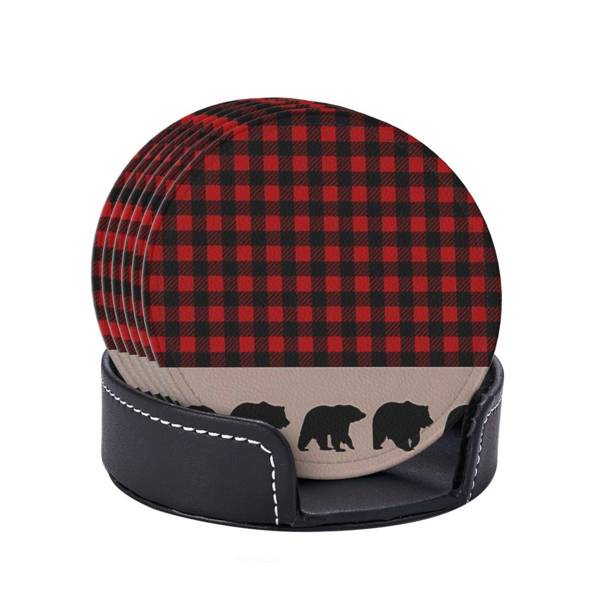6 Pcs Plaid Leather Coasters with Holder J20189
