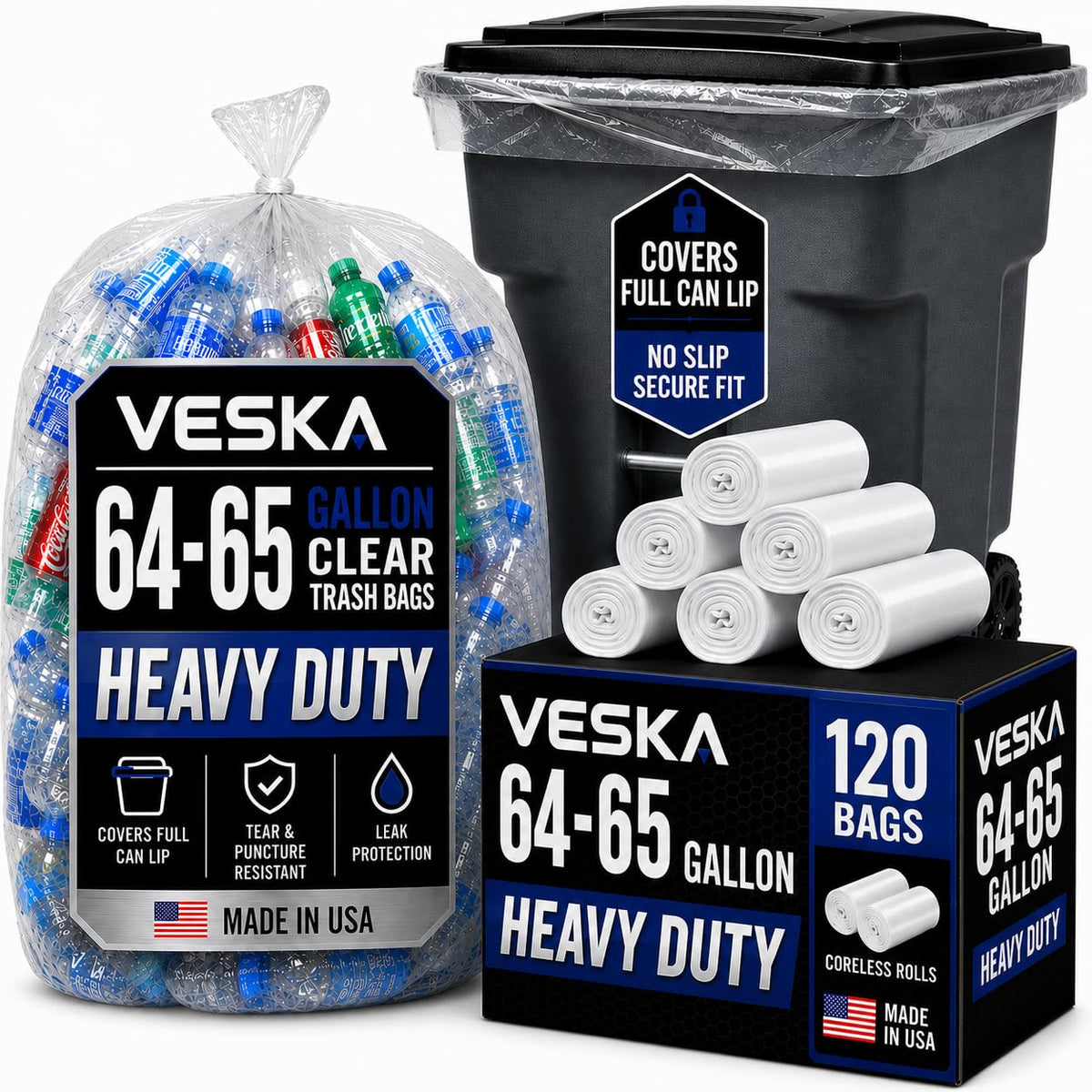 64-65 Gallon Clear Trash Bags, 120 Count Heavy Duty Garbage Bags Y259
