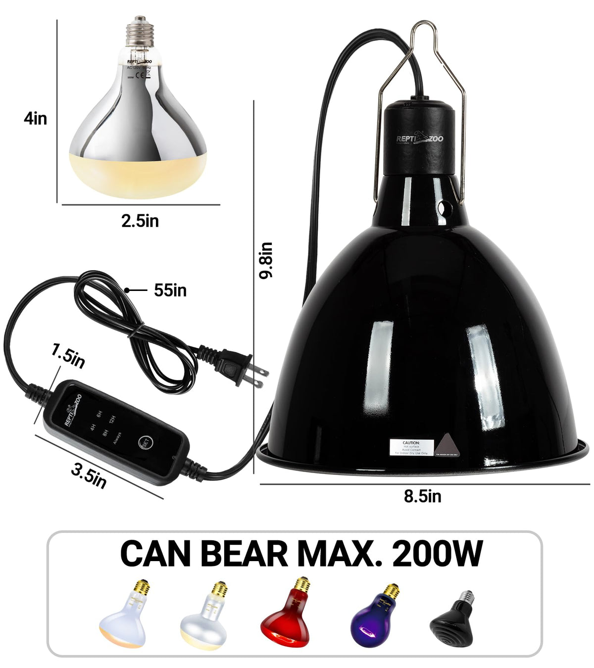 160W Reptile Heat Lamp UVA UVB Bulbs with 8.5 Inch Light Fixture X77561