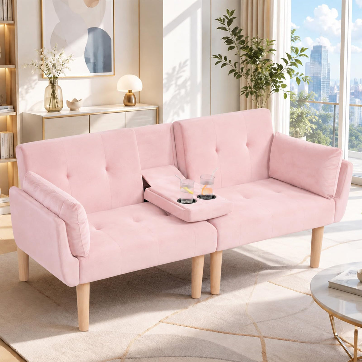 Light Pink Velvet Futon Sofa Bed V860896