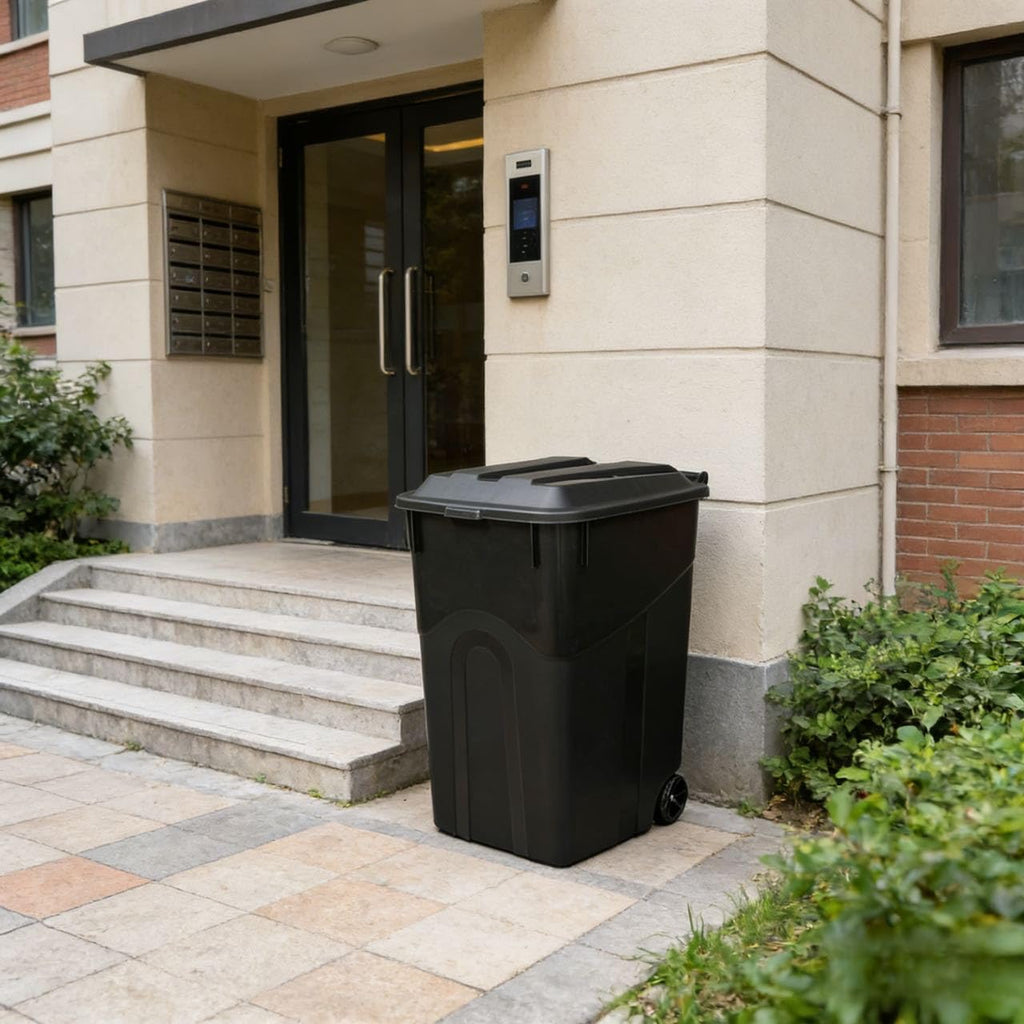 45 Gallon Black Wheeled Garbage Can with Attached Lid L5363