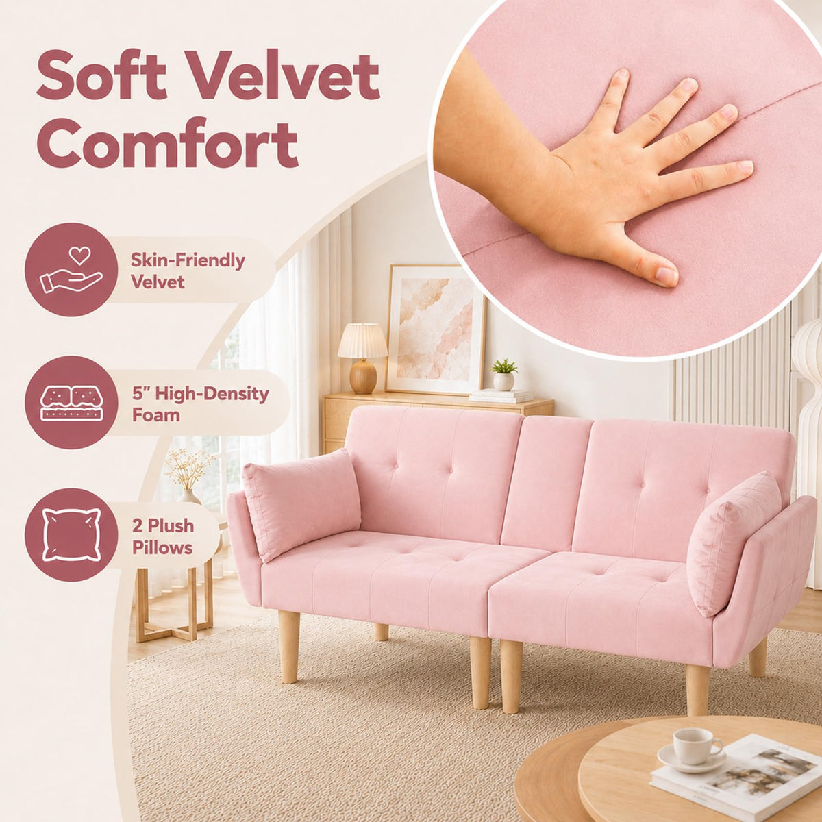 Light Pink Velvet Futon Sofa Bed V860896