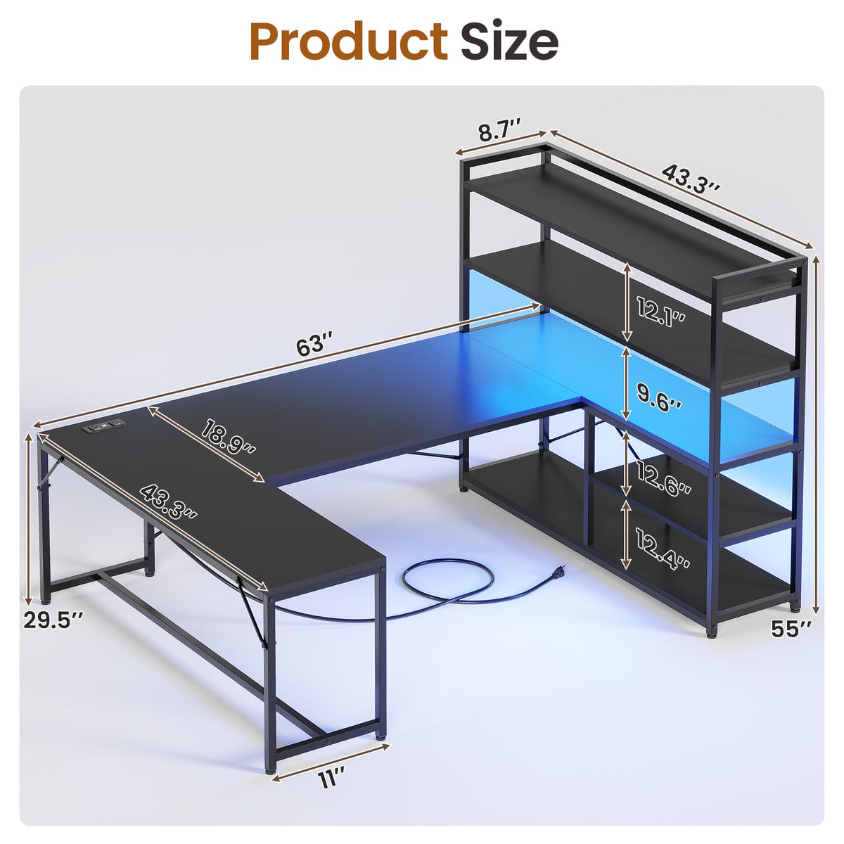 Black L Shaped Gaming Desk with Power Outlet and Storage Shelves M28248