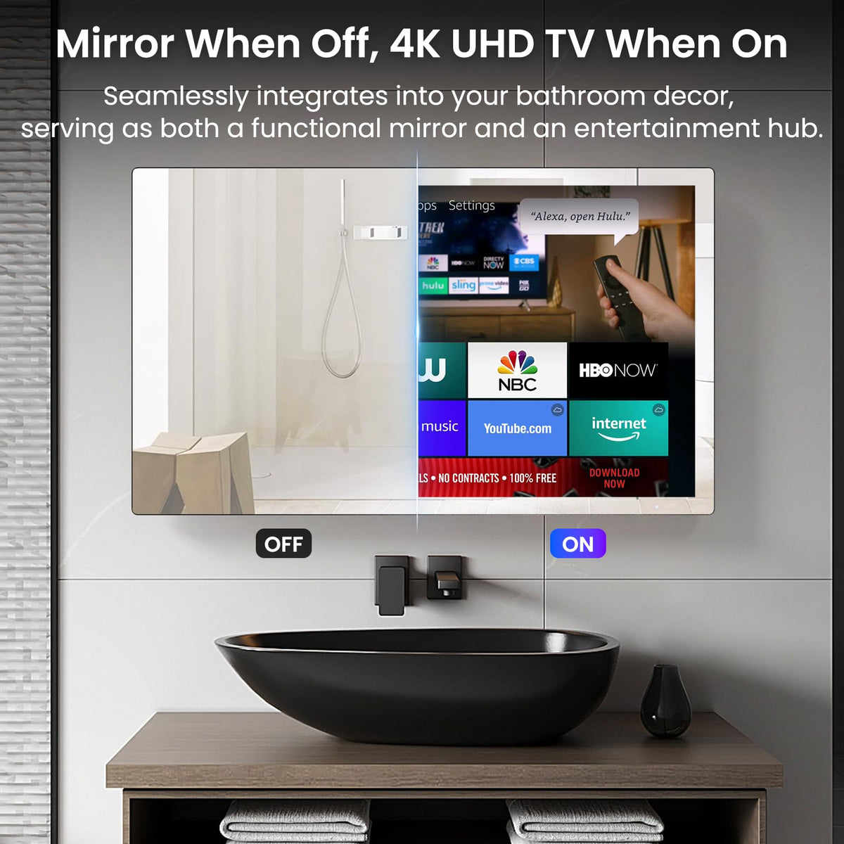 32" 4K Ultra HD Smart Bathroom Mirror TV, IP66 Waterproof, Wall Mounted R329166
