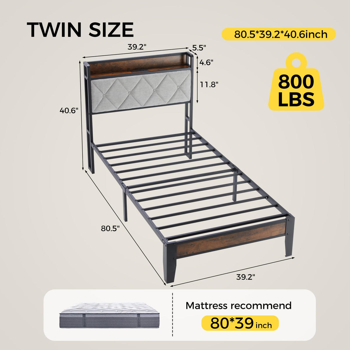 Twin Bed Frame with Upholstered Storage Headboard and USB Charging Station H582