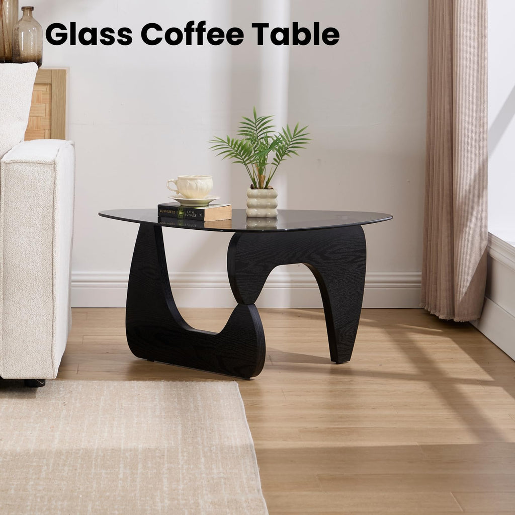 Modern Triangle Glass Coffee Table with Wood Base L312718