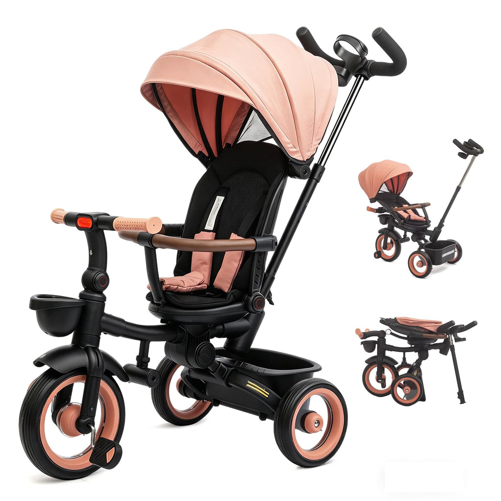 7-in-1 Tricycle Stroller with Push Handle, Rotating Seat, UV-Proof Canopy, Non-Pneumatic Wheels, Dual Brakes and Storage P2554