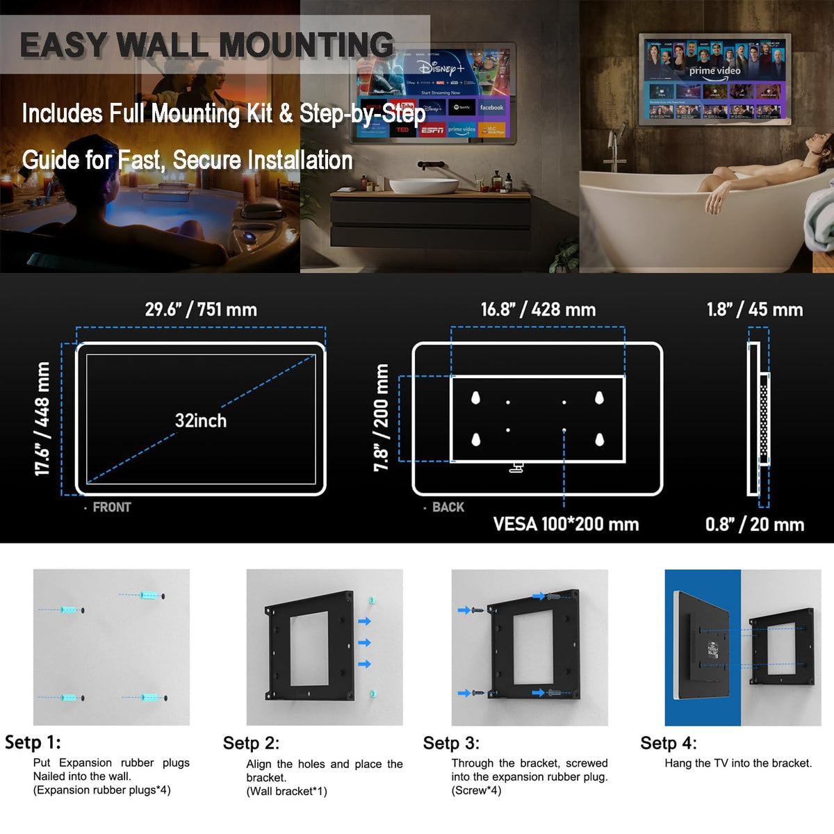 32" 4K Ultra HD Smart Bathroom Mirror TV, IP66 Waterproof, Wall Mounted R329166