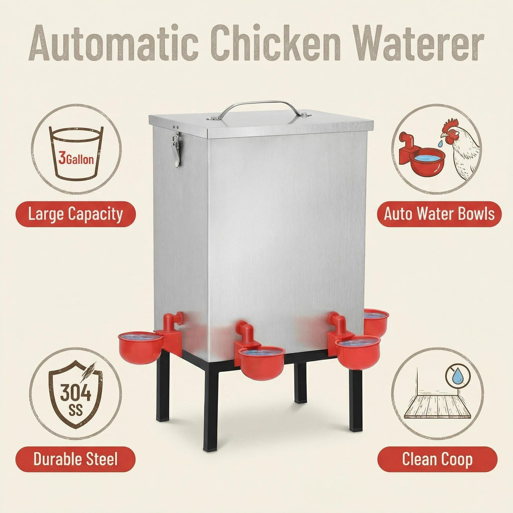 3 Gallon Stainless Steel Chicken Waterer with Cups & Nipples X9972