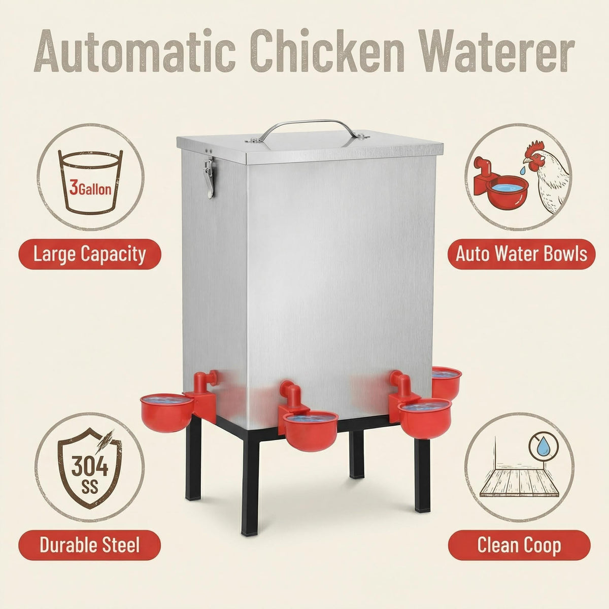 3 Gallon Stainless Steel Chicken Waterer with Cups & Nipples X9972
