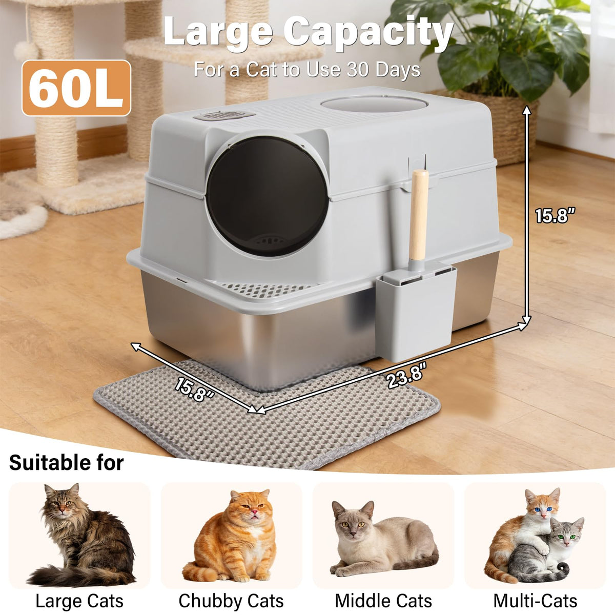 XL Stainless Steel Enclosed Cat Litter Box with Lid B392828