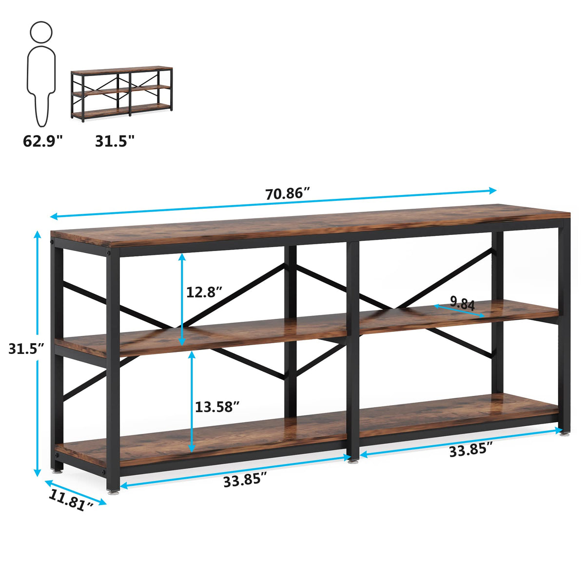 70.9 Inch 3-Tier Console Table with Storage Shelves C374