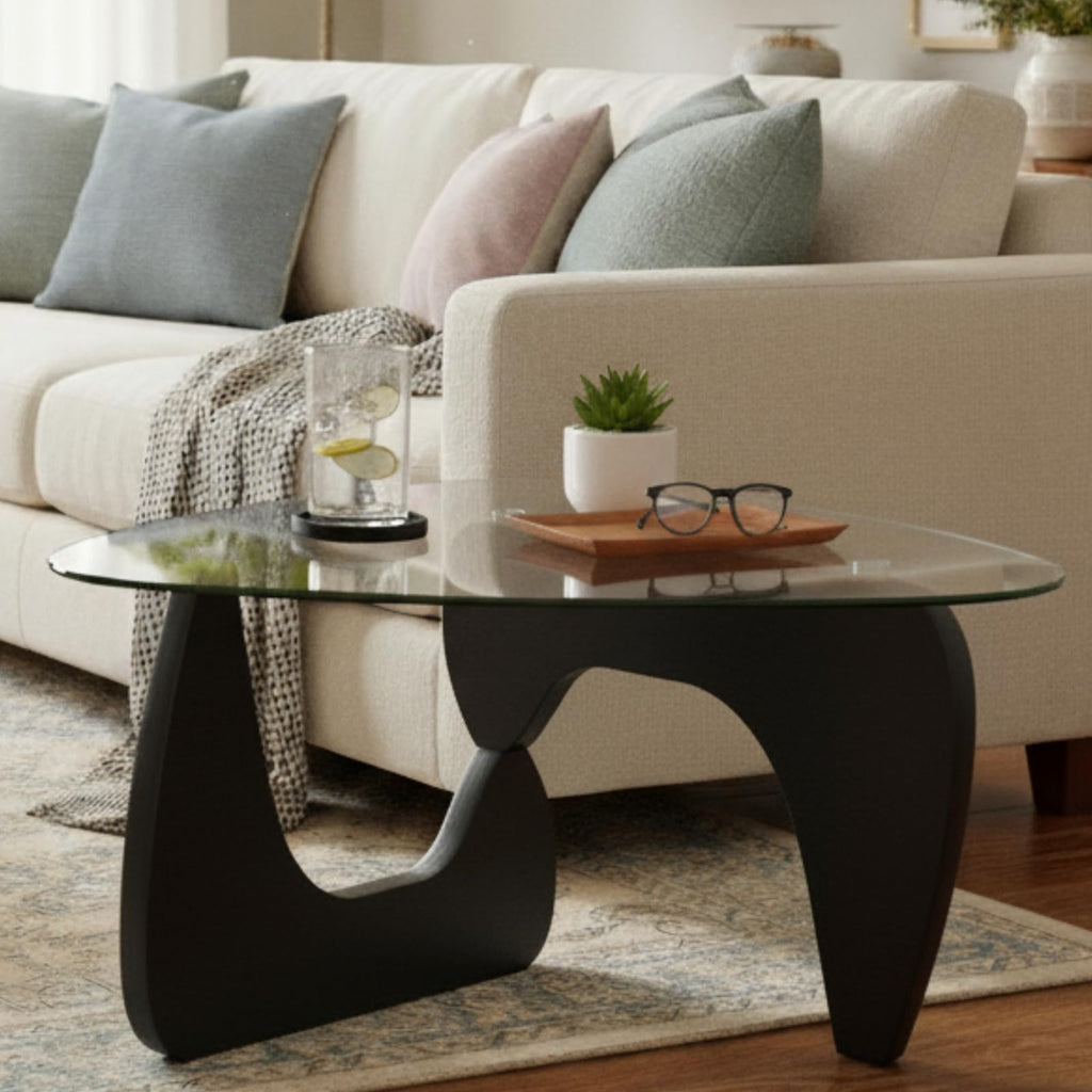 Modern Triangle Glass Coffee Table with Wood Base L312718