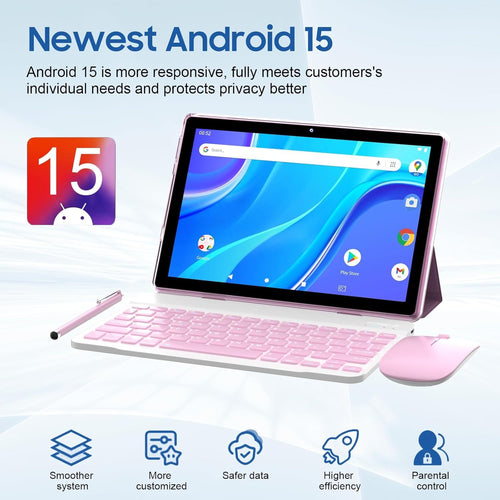 10 inch Android 15 Tablet with Keyboard Case Mouse Stylus Pink B600