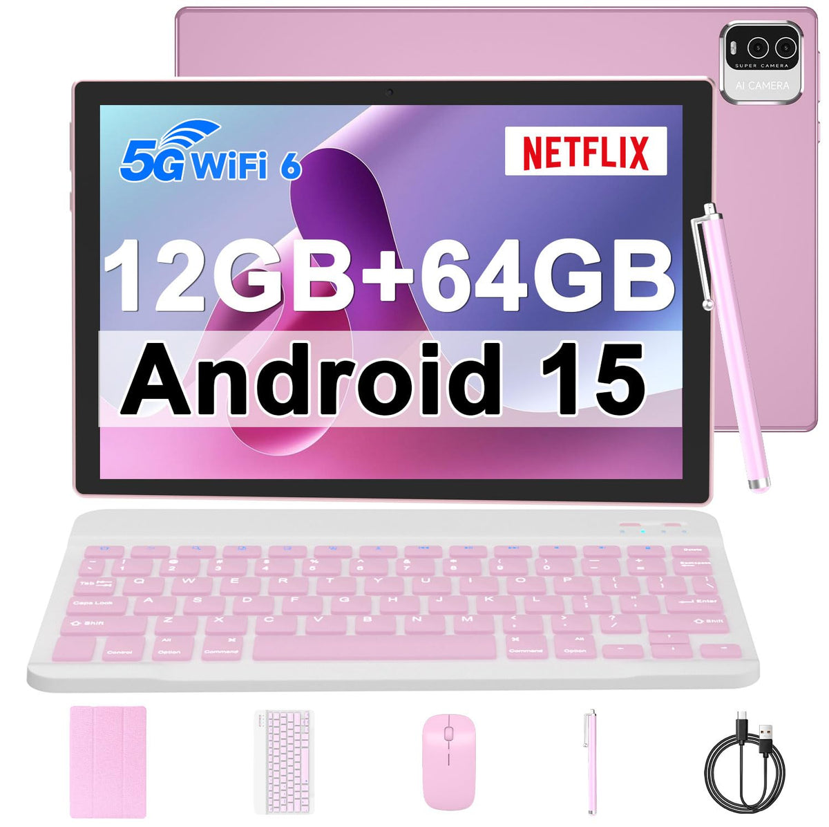 10 inch Android 15 Tablet with Keyboard Case Mouse Stylus Pink B600