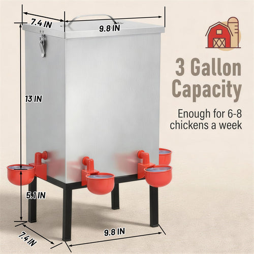 3 Gallon Stainless Steel Chicken Waterer with Cups & Nipples X9972
