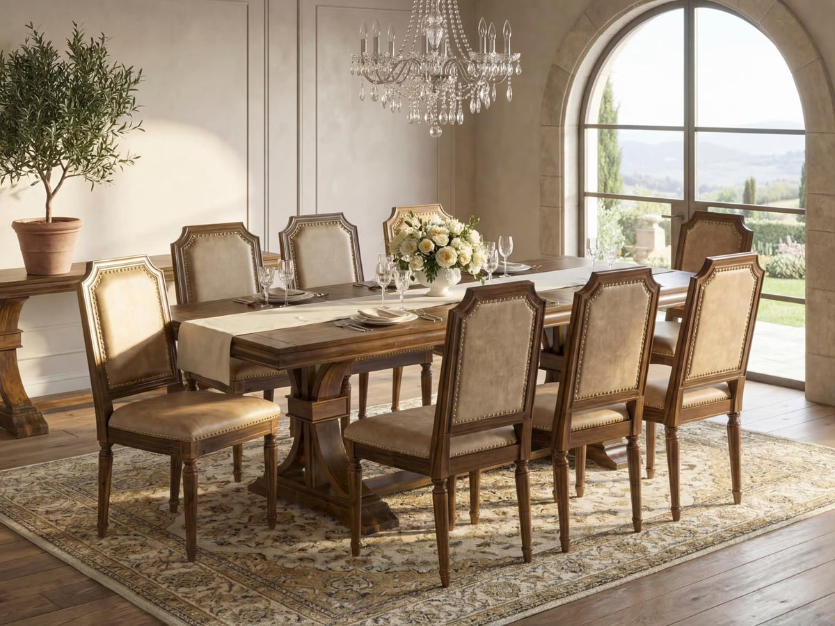 9 Piece Dining Table Set with 8 Beige Polyester Fabric Chairs P8172