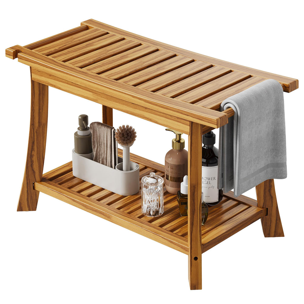 24" Teak Shower Bench with Handles & Towel Shelf T93386