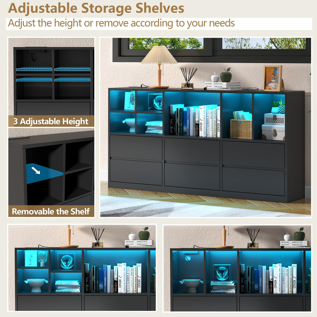 Black 6 Drawers Dresser with Cubbies O336416