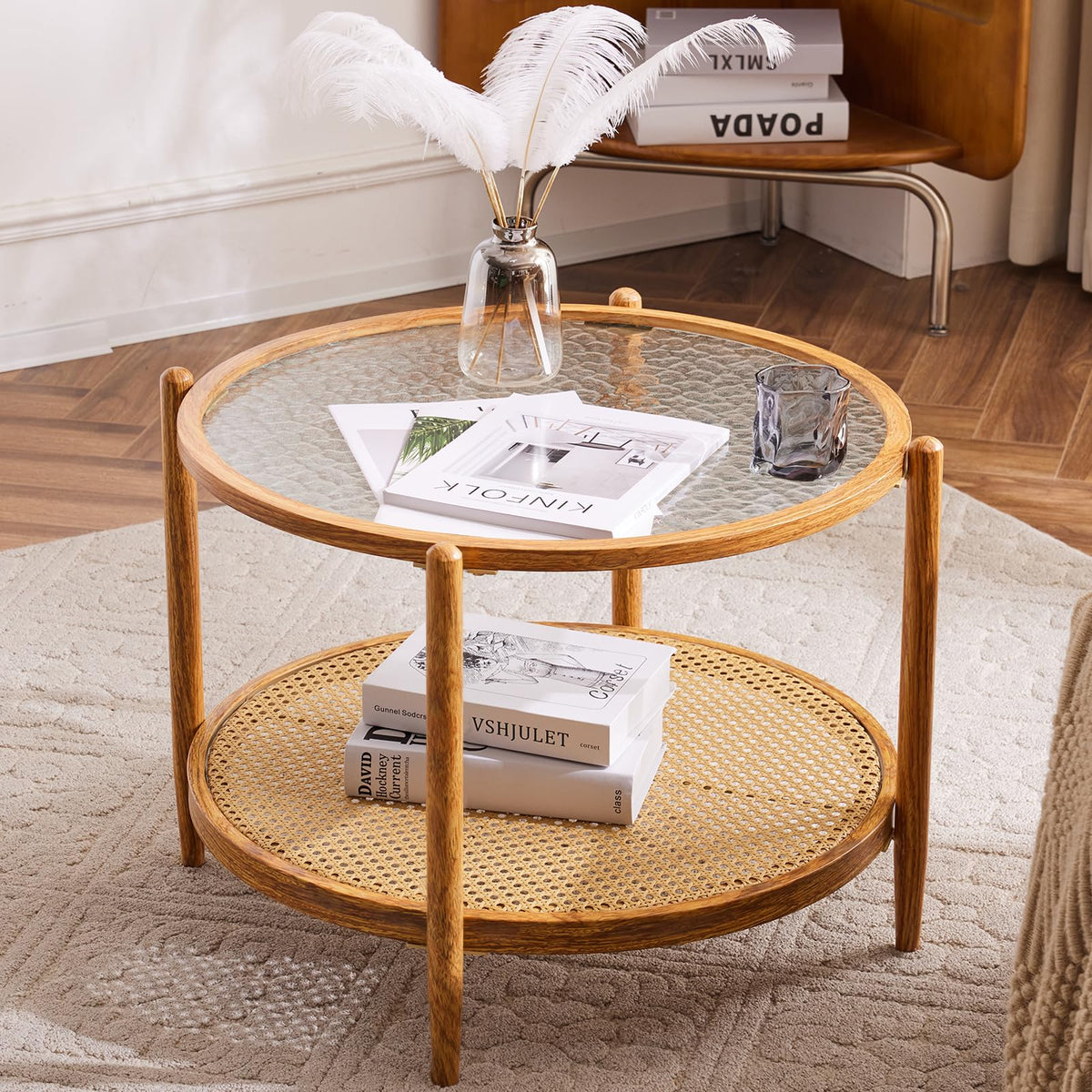 Round Glass Rattan Coffee Table D63279