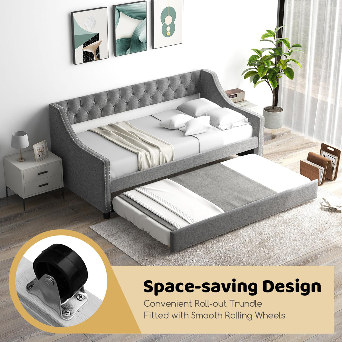 Grey Upholstered Twin Daybed with Trundle X932