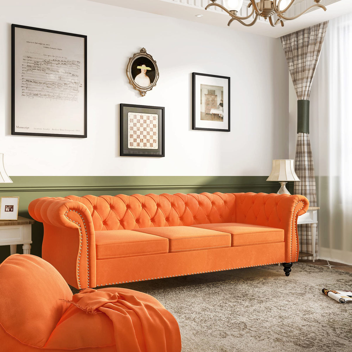Velvet 3 Seater Tufted Sofa with Rolled Arms F692140