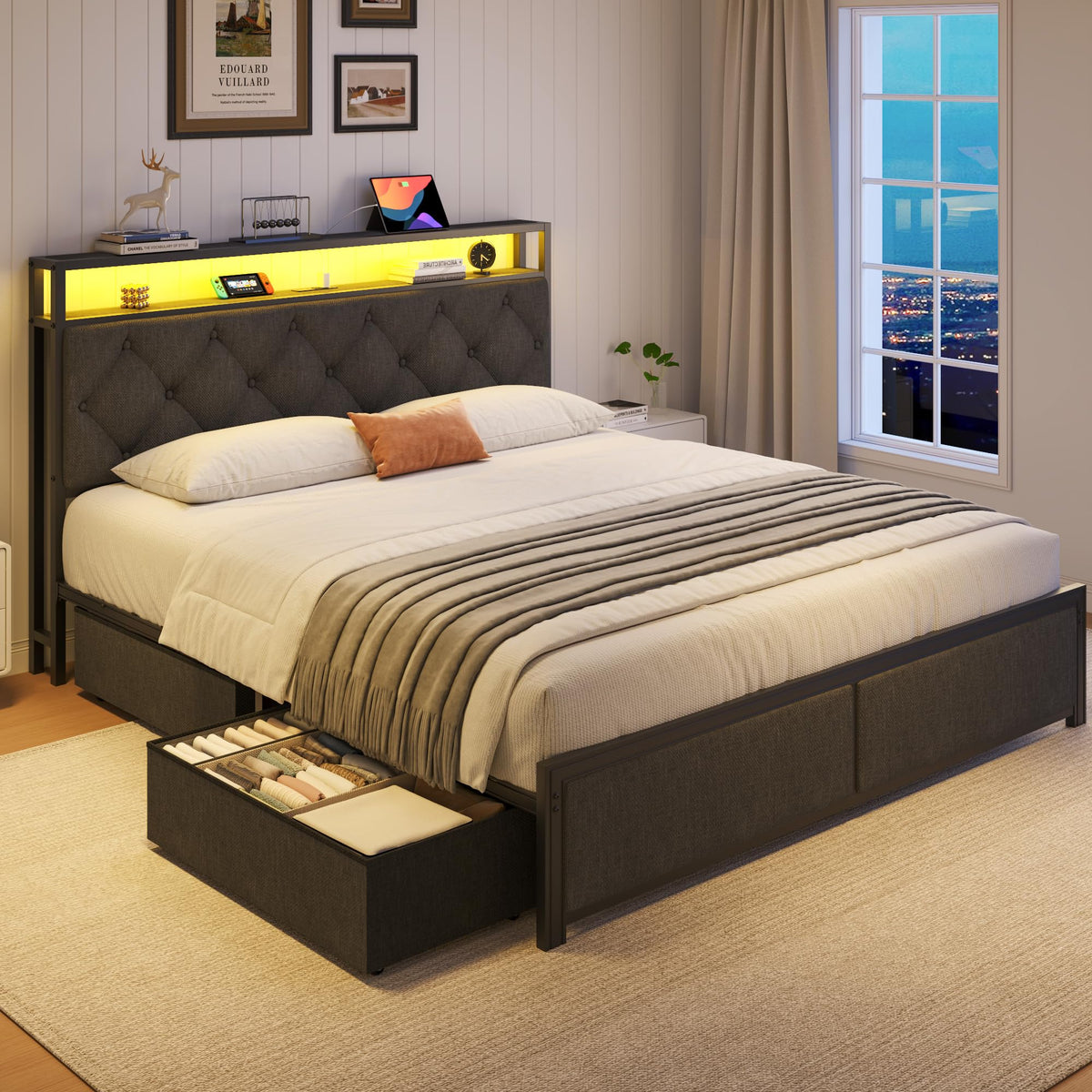 Queen Size Upholstered Bed Frame with 4 Drawers and Storage Headboard Q744101