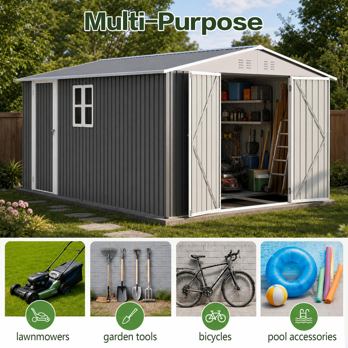 10x14 FT Metal Outdoor Storage Shed with Floor and 2 Windows S604897