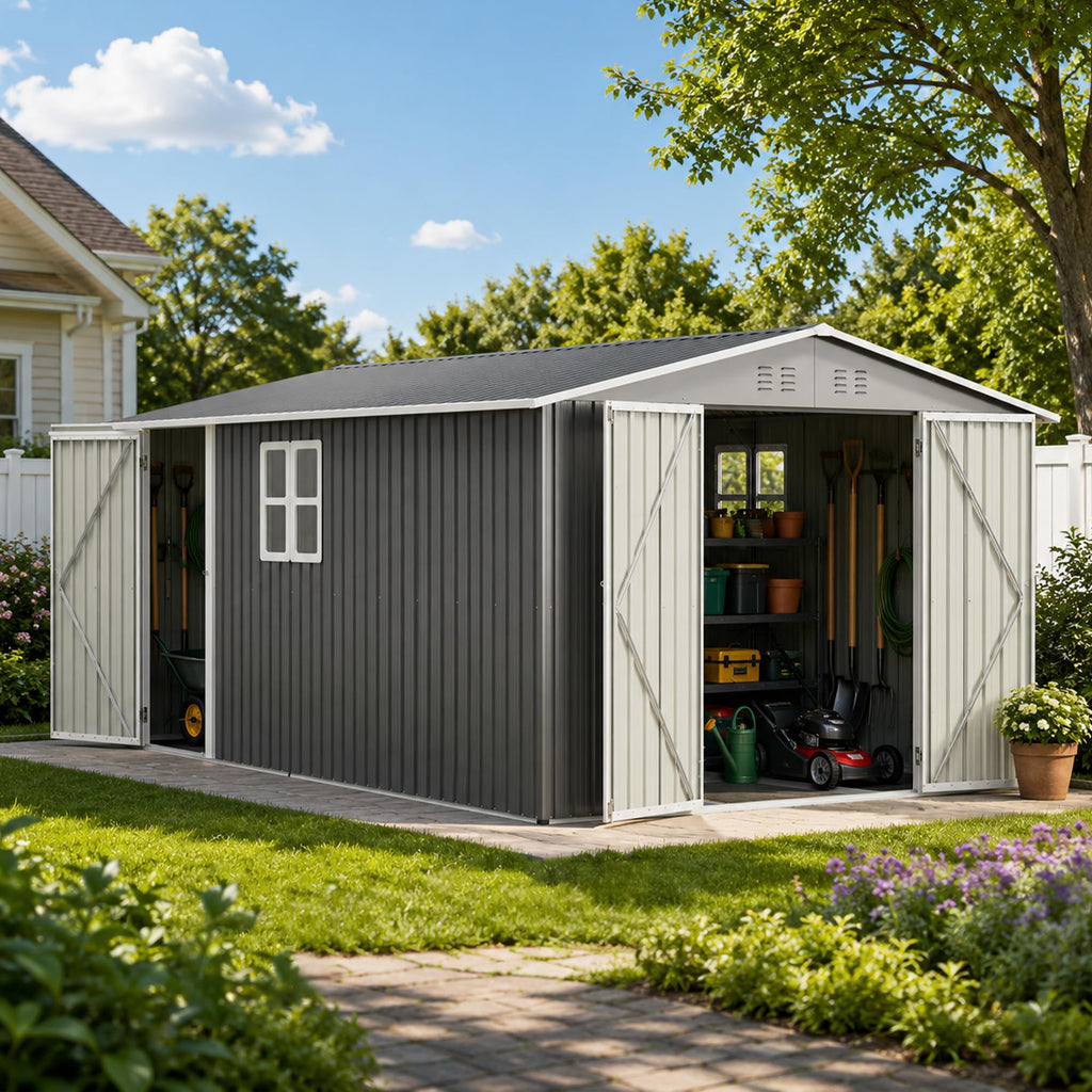 10x14 FT Metal Outdoor Storage Shed with Floor and 2 Windows S604897