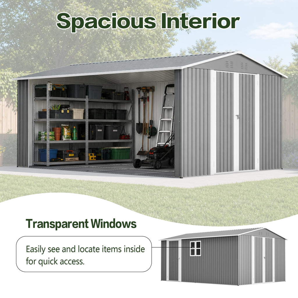 10x14 FT Metal Outdoor Storage Shed with Floor and 2 Windows S604897