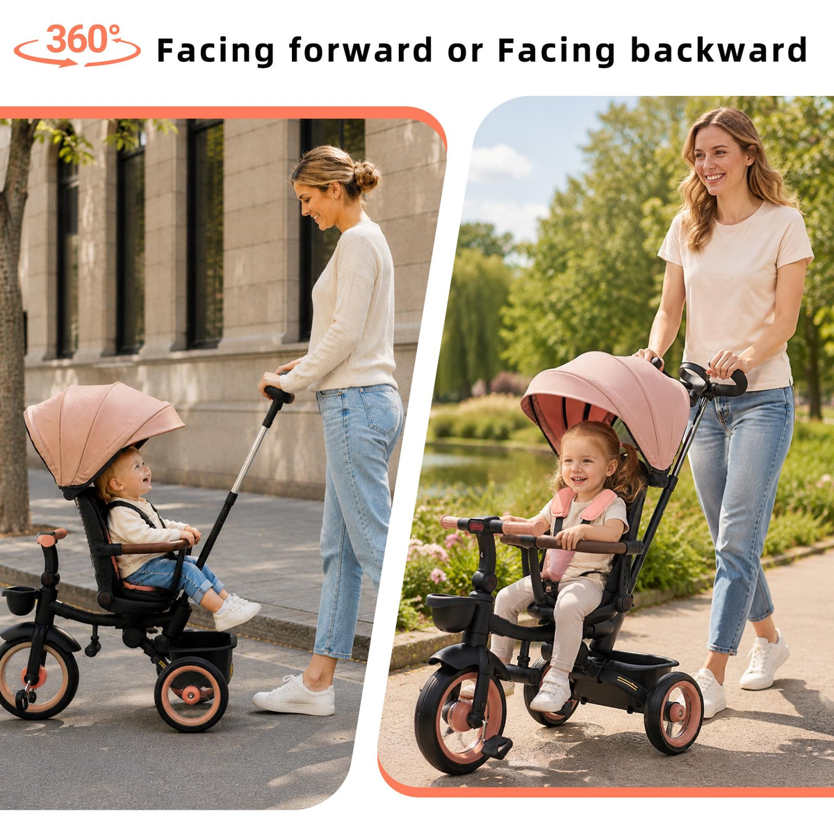 7-in-1 Tricycle Stroller with Push Handle, Rotating Seat, UV-Proof Canopy, Non-Pneumatic Wheels, Dual Brakes and Storage P2554