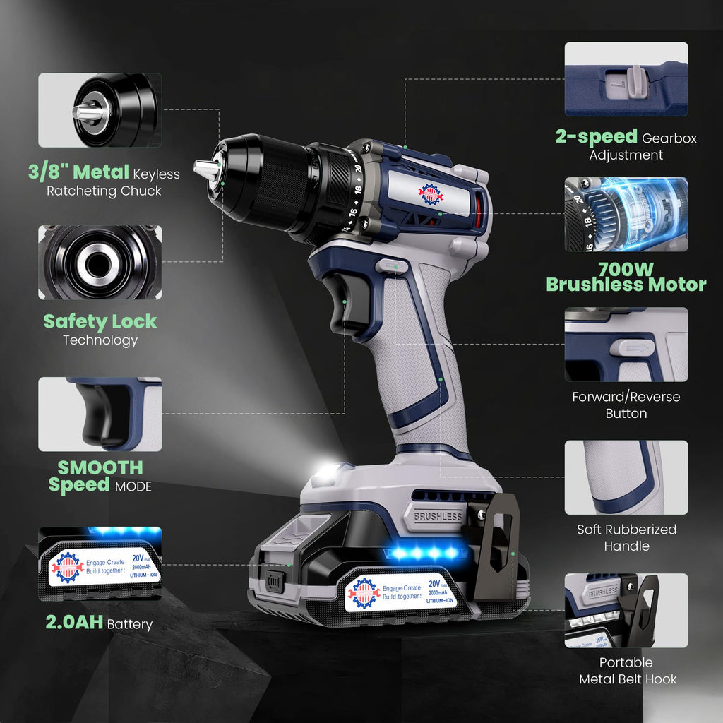 Brushless Cordless Drill Set 70N.m 3/8" Keyless Metal Chuck V5033