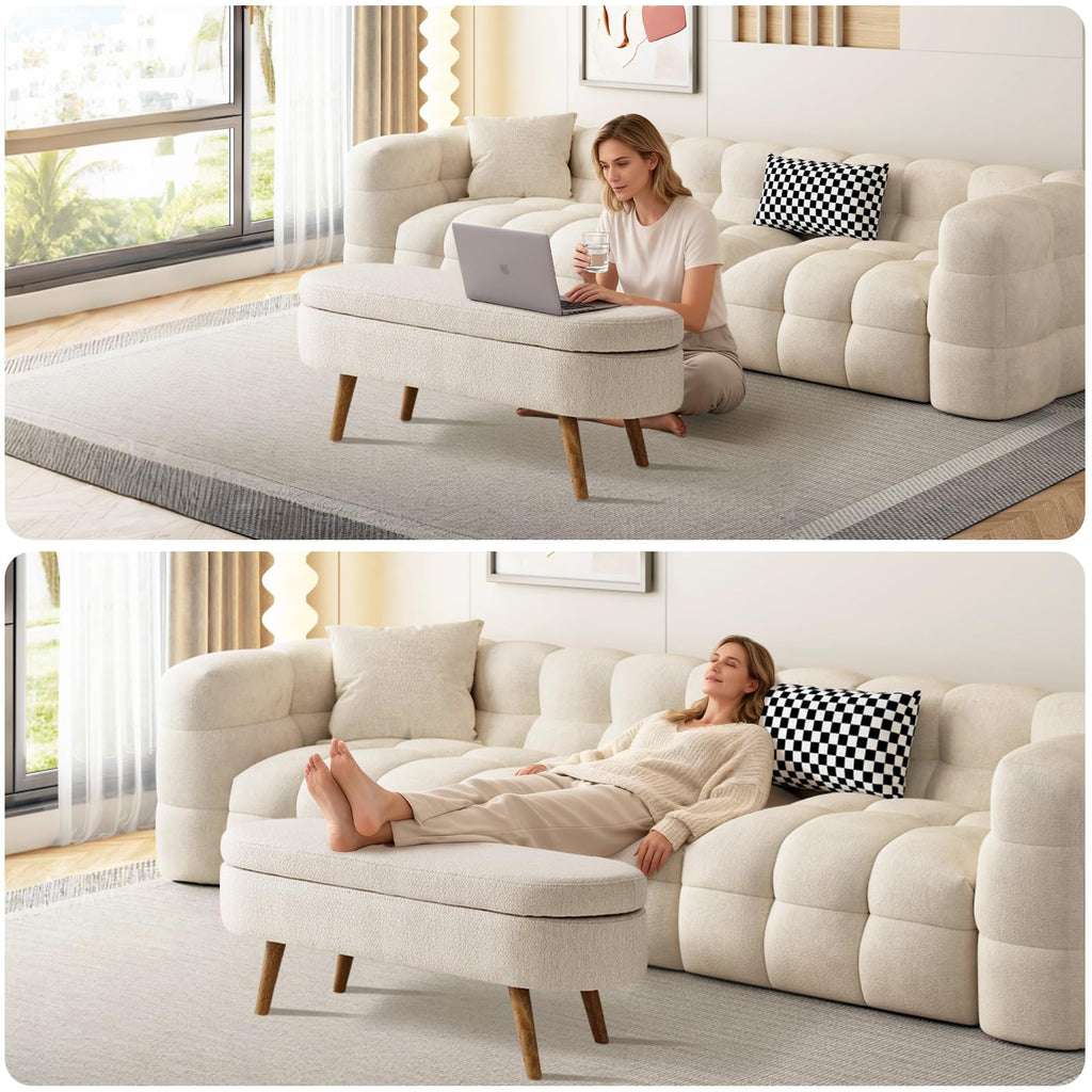 Beige Linen Upholstered Storage Ottoman Bench O582