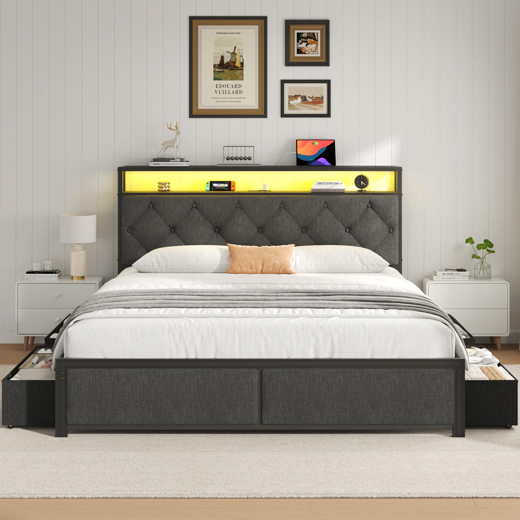 Queen Size Upholstered Bed Frame with 4 Drawers and Storage Headboard Q744101
