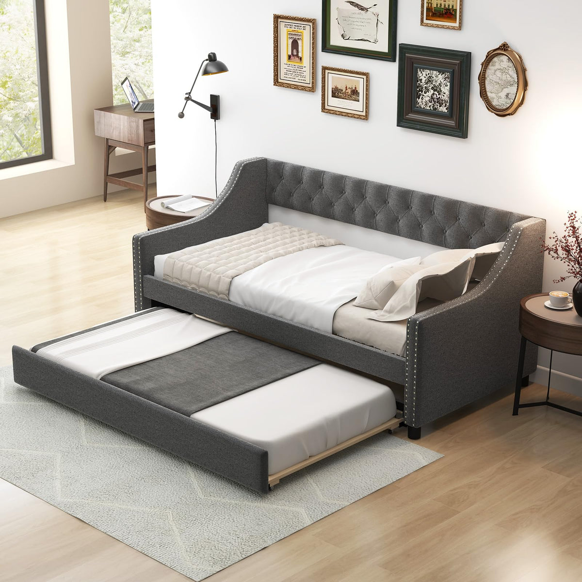 Grey Upholstered Twin Daybed with Trundle X932