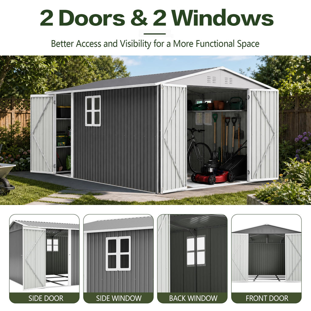 10x14 FT Metal Outdoor Storage Shed with Floor and 2 Windows S604897