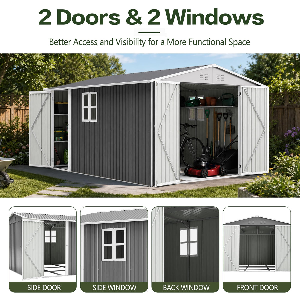 10x14 FT Metal Outdoor Storage Shed with Floor and 2 Windows S604897