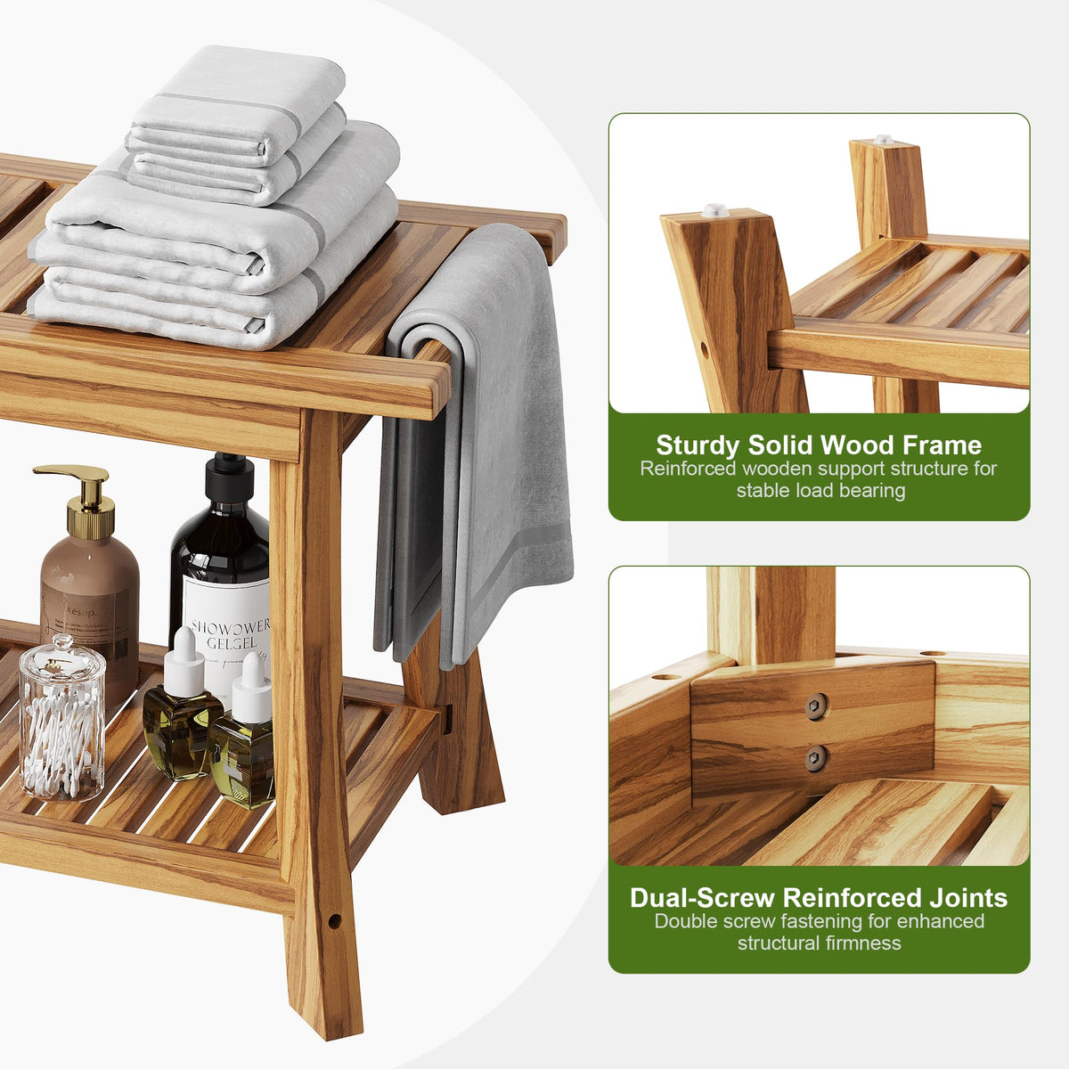 24" Teak Shower Bench with Handles & Towel Shelf T93386