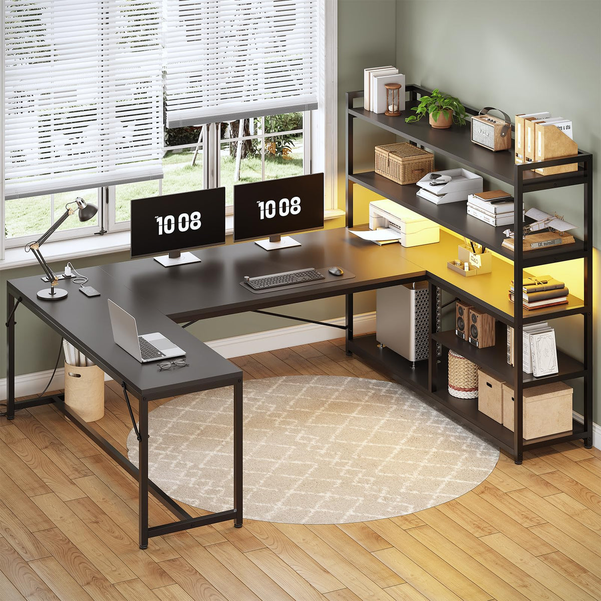 Black L Shaped Gaming Desk with Power Outlet and Storage Shelves M28248