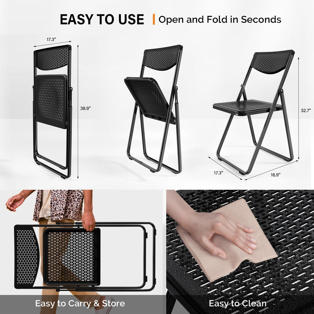 Black Plastic Folding Chairs with Mesh Seat, 10 Pack A1052
