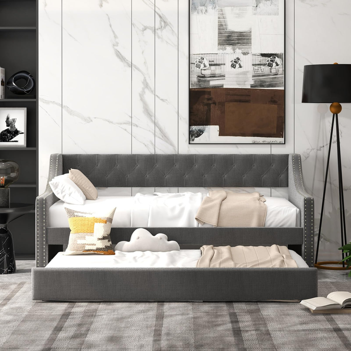 Grey Upholstered Twin Daybed with Trundle X932