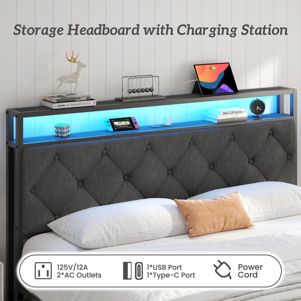 Queen Size Upholstered Bed Frame with 4 Drawers and Storage Headboard Q744101