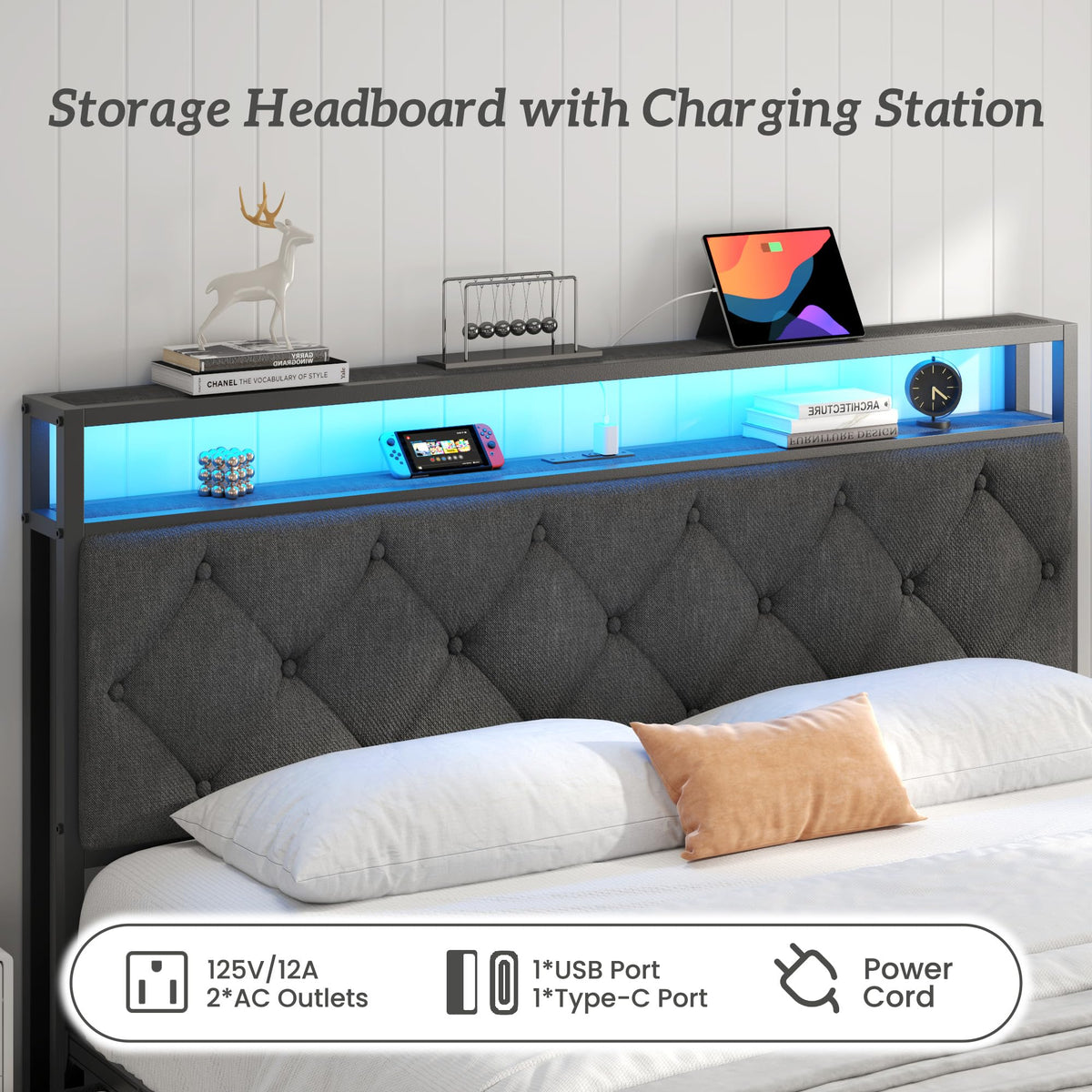 Queen Size Upholstered Bed Frame with 4 Drawers and Storage Headboard Q744101